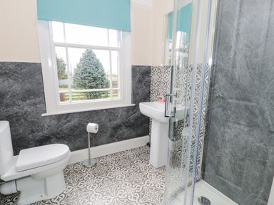 A bathroom with a toilet a pedestal sink a glass shower enclosure and a window showing an outside tree at The Farm House in Bala