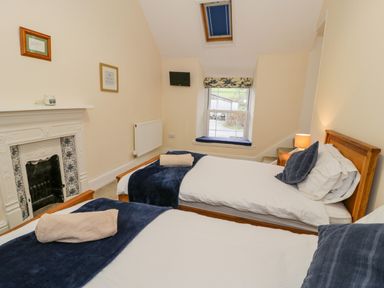 A bedroom with two single beds a fireplace a window and a small television at The Farm House in Bala