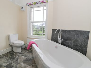 A bathroom with a white bathtub and modern faucet a white toilet a window with a view of greenery and a pink towel on the bathtub edge at The Farm House in Bala