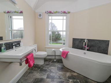 A bathroom with a freestanding bathtub a wall-mounted sink a toilet and a window at The Farm House Bala