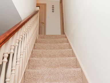A carpeted staircase with a wooden handrail and closed doors at the top at Darling Cottage Bamburgh