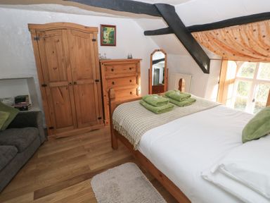 A bedroom with a bed and wooden furniture at Maesgwyn in Bridell near Cardigan