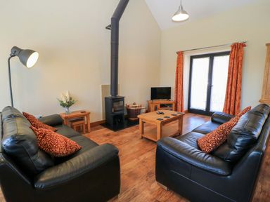 A living room with two black leather sofas, a wood-burning stove, a wooden coffee table, a floor lamp, a small TV on a wooden stand, and glass doors with orange curtains at The Old Cart Shed in Winterborne Stickland