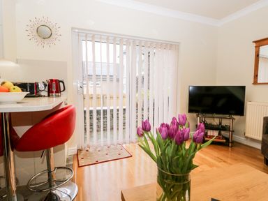 A living area with a kitchen counter and red bar stool a vase of purple flowers on a table a TV on a stand and vertical blinds over a glass door at Church View in Ambleside