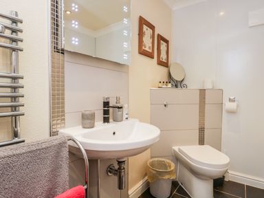 A bathroom with a sink a toilet a trash bin and wall decorations at Church View in Ambleside