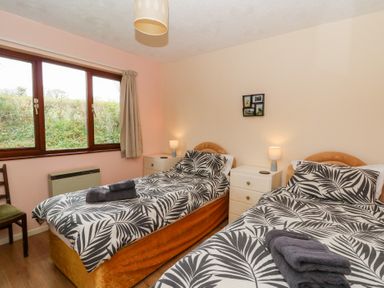 A bedroom with two single beds lamps and a window at Bryn yr Haf in Llanfair Clydogau near Lampeter
