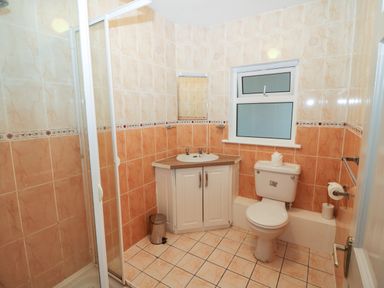 A bathroom with a shower cabin sink with a cabinet toilet and a window at Island View in Ardmore County Waterford