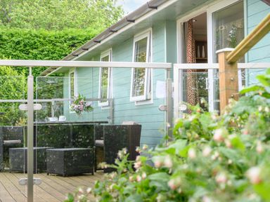 An outdoor patio with glass railing and black wicker furniture with a vase of flowers on a table at Solway Cottage Bowness-on-Solway near Wigton