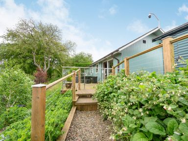A wooden deck with railing and stairs surrounded by plants next to a blue house at Solway Cottage in Bowness-on-Solway near Wigton
