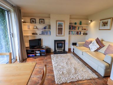 A living room with a sofa and cushions a rug a fireplace shelves with books and a TV at Walkers Retreat in Ambleside