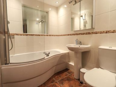 A bathroom with a bathtub shower combination a pedestal sink a toilet and a mirrored cabinet above the sink at Walker's Retreat in Ambleside