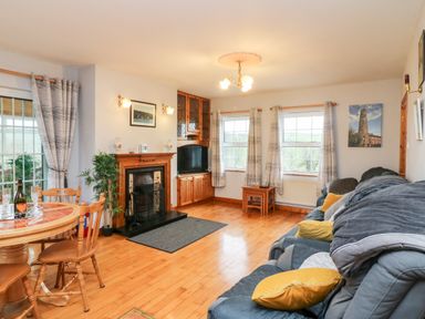 A living room with a fireplace a television a wooden dining table chairs and a sofa with cushions at Raheen in Castletownshend County Cork