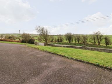 A paved driveway next to a grassy area with leafless trees and a stone wall at Raheen in Castletownshend County Cork