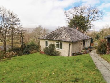 A bungalow with a sloped roof surrounded by grass and trees at Bron Aber in Arthog near Dolgellau