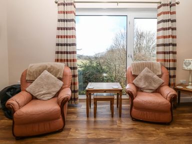 A sitting area with two leather armchairs, cushions, a wooden table, striped curtains, and a large window with a view of trees at Bron Aber in Arthog near Dolgellau