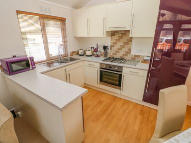 A kitchen with white cabinets a purple microwave and a gas stove at Cladebrine Wisemans Bridge near Saundersfoot