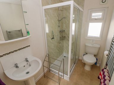 A bathroom with a shower enclosure a white sink a toilet and a towel rack at Cladebrine Wisemans Bridge near Saundersfoot