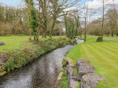 A small river running through a grassy area with trees and rocks at Cladebrine in Wisemans Bridge near Saundersfoot
