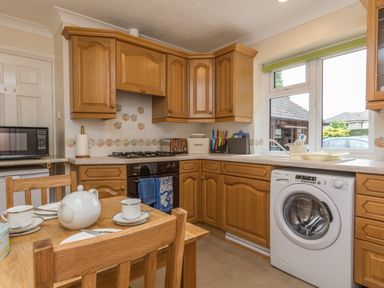 A kitchen with wooden cabinets a washing machine a microwave a gas stove a table with cups and a teapot at Pipistrelle Lodge Plymtree