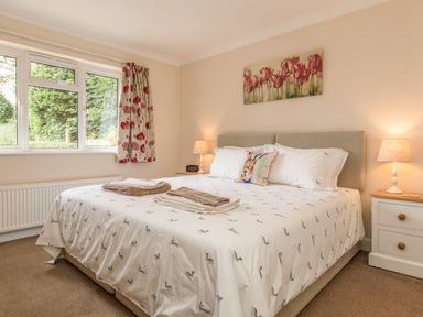 A bedroom with a large bed two bedside tables lamps window with curtains and floral artwork above the bed at Pipistrelle Lodge in Plymtree