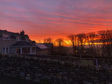 A residential house with stone walls and leafless trees at sunset at Ty Top in Llanfaethlu