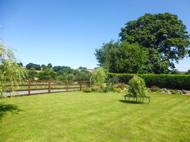 A garden with a lawn and a wooden fence with trees and bushes behind at Tynddol Bungalow in Llanbadarn-Fynydd near Llanbister