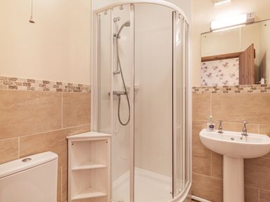 A bathroom with a shower cubicle a pedestal sink and a toilet at Punch Cottage in Little Glemham near Wickham Market