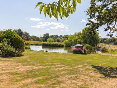 A grassy garden area with a small pond gazebo and trees at Punch Cottage in Little Glemham near Wickham Market
