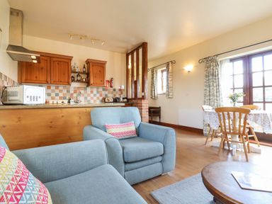 A living area with blue armchairs a wooden kitchen with cabinets a dining table with chairs and large windows at Barn Owl Cottage in Little Glemham near Wickham Market