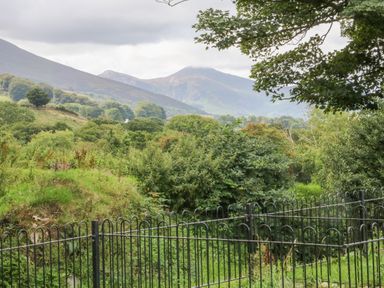 A metal fence with green bushes and trees with mountains in the background at Y Beudy Cottage in Clynnog Fawr