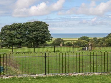 A fenced grassy area with trees and a view of the sea in the background at Y Beudy Cottage in Clynnog Fawr
