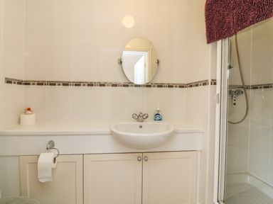 A bathroom with a sink and cabinet mirror liquid soap and toilet paper at 37 Ocean Park in Westward Ho