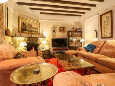 A living room with a television and a fireplace at Murmur Y Don in Harlech