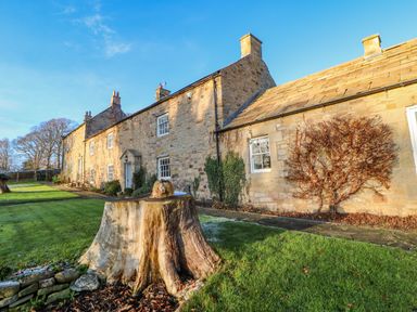 Stone cottages with chimneys and a tree stump in the grassy yard at East Farm House in Humshaugh near Hexham