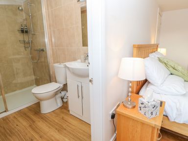 A bathroom with a shower toilet and sink next to a bedroom with a bed side table lamp and pillows at East Farm House Humshaugh near Hexham
