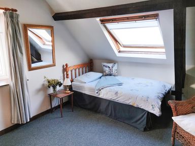 A bedroom with a single bed under a skylight window a wooden side table with lamp and flowers a wall mirror and a wicker chair at The Coach House in North Newton near Bridgwater