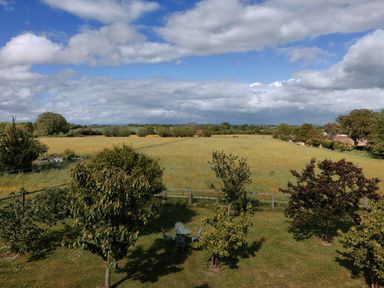 A garden with trees and a metal table with chairs overlooking fields and a cloudy sky at The Coach House in North Newton near Bridgwater