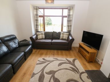 A living room with two sofas a TV on a wooden stand and a patterned rug at Y Berth Ddu Farmhouse in Clynnog Fawr