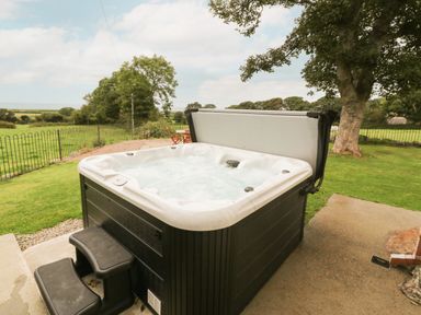 An outdoor hot tub with steps on a patio overlooking a fenced grassy field and trees at Y Berth Ddu Farmhouse in Clynnog Fawr