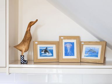A wooden duck figurine with polka dot boots and three framed marine animal paintings on a shelf at The Moorings in Deganwy near Llandudno