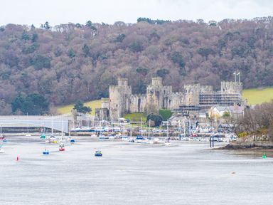 A waterway with boats docked near a castle and a forested hill at The Moorings in Deganwy near Llandudno