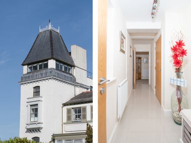 Exterior view of a white building with a tall roof and an interior hallway with tiled floor and wooden doors at The Moorings in Deganwy near Llandudno