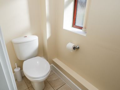 A bathroom with a white toilet a toilet brush holder a window and a toilet paper holder at Sunnybrae in Whitby