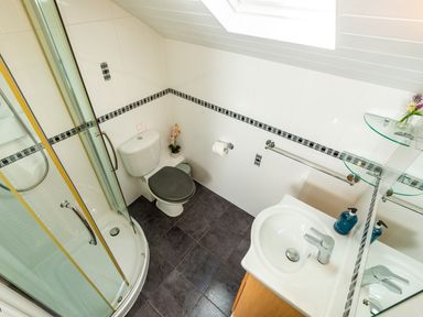 A bathroom with a shower, toilet, sink, and small shelves with a flower vase at Browside Little Arrow near Coniston