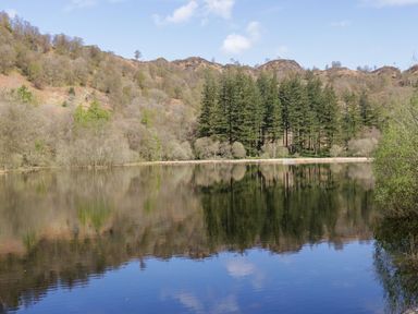 A lake with trees and hills reflected in the water at Browside Little Arrow near Coniston