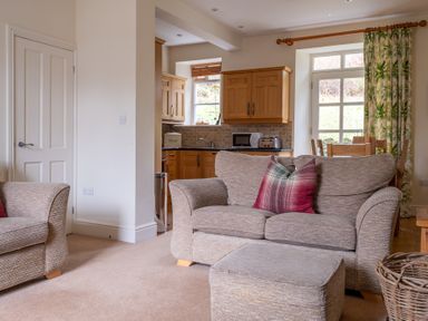 A living room with sofas and a kitchen area with wooden cabinets at Forge in Graythwaite near Hawkshead
