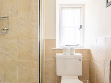 A bathroom with a toilet under a window and a shower with tiled walls on the left at Forge Graythwaite near Hawkshead