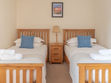A bedroom with two single wooden beds each with white bedding and a blue pillow a wooden nightstand with a lamp and a framed picture on the wall at Newlands in Graythwaite near Hawkshead