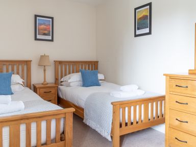 A bedroom with two single wooden beds blue pillows a wooden nightstand with a lamp and a wooden dresser at Newlands Graythwaite near Hawkshead