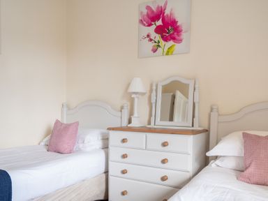 A bedroom with two single beds a white dresser with a mirror and lamp and a floral painting above Greenhowes Graythwaite near Hawkshead